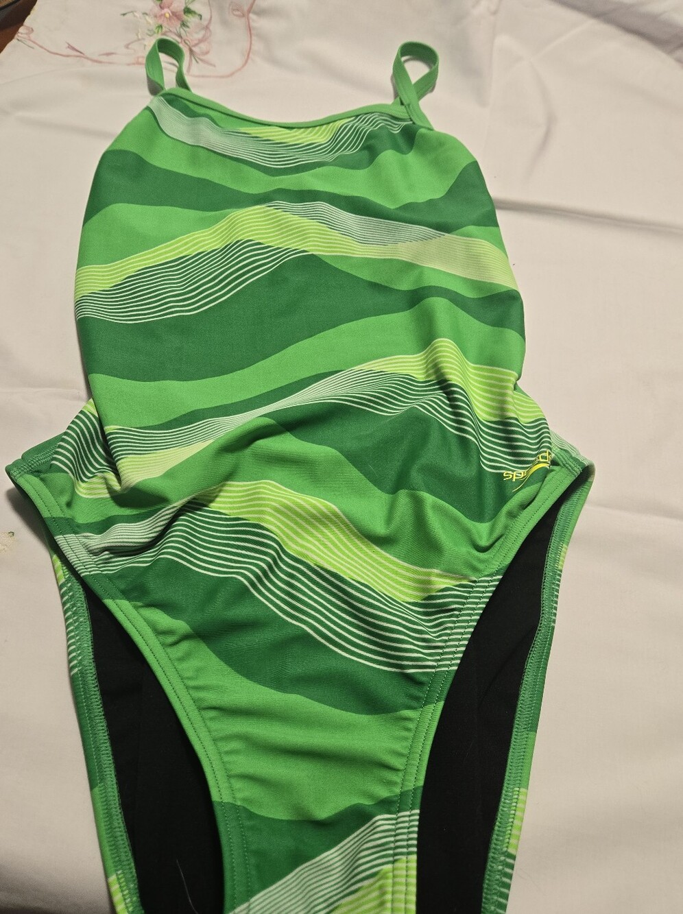 Ladies Size 12 Green Wave-Print One-Piece Swimsuit